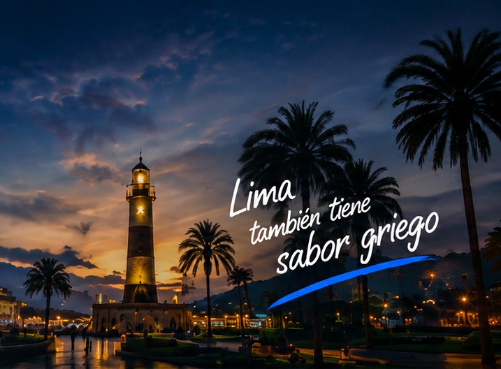 Faro frente al mar al atardecer con el mensaje: Lima también tiene sabor griego